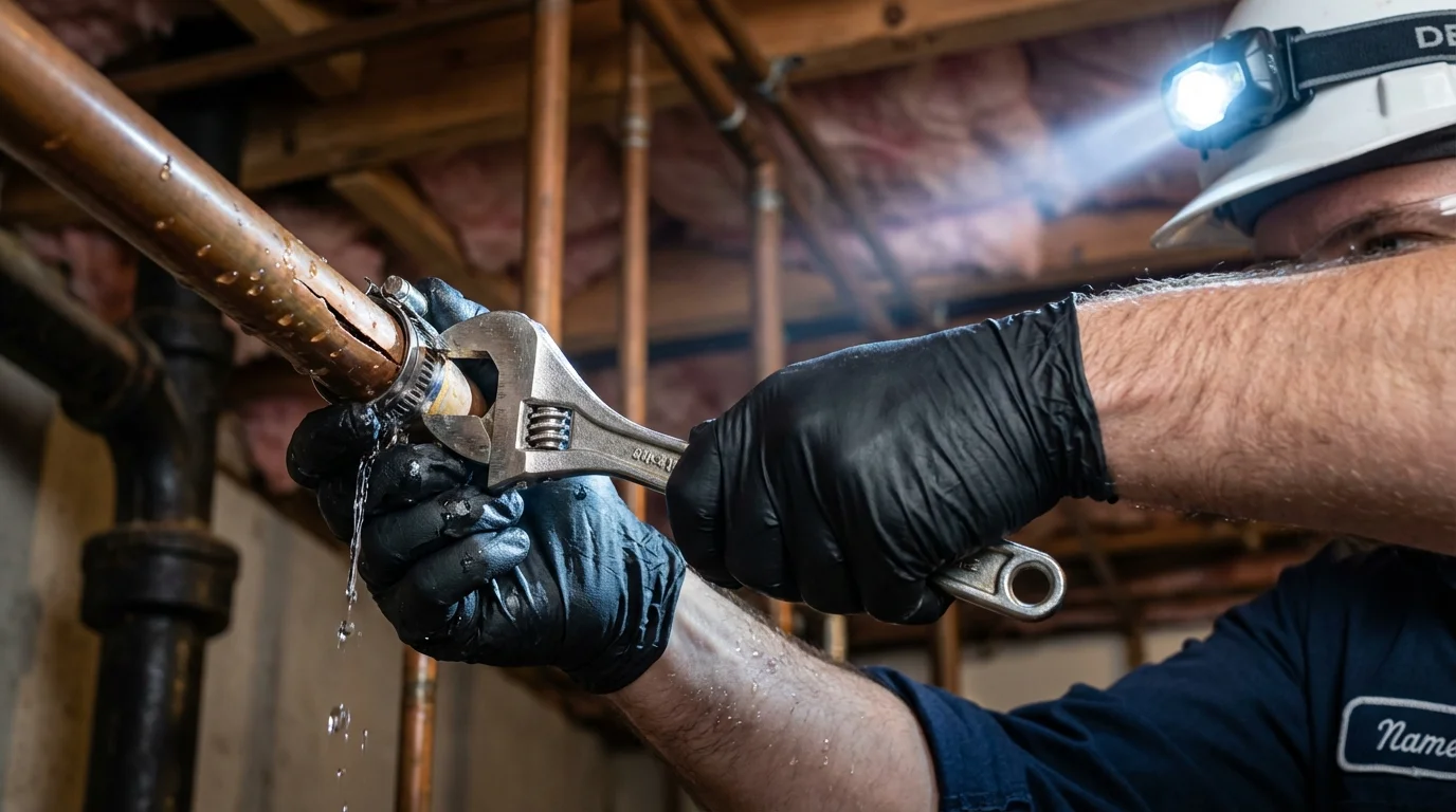 Emergency pipe clamp repair being performed by a Johns Plumbing LLC plumber in Richfield Springs
