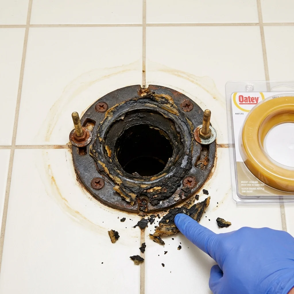 Failed wax ring showing water seepage at the base of a toilet in a Richfield Springs, NY home