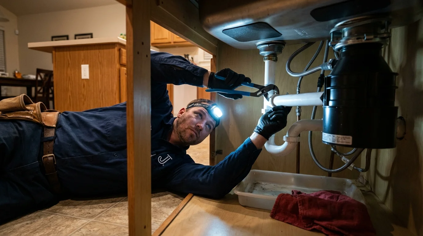P-trap and supply line connections under a kitchen sink showing a common leak point in Richfield Springs, NY